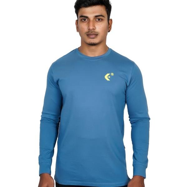 Men’s Steel Blue Full Sleeve T-Shirt – Slim Fit Crew Neck Casual Wear